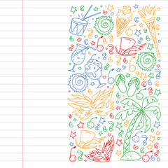 Brazilian vector pattern with palm, beach, firework. Brazil icons for posters and banners.