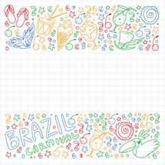 Brazilian vector pattern with palm, beach, firework. Brazil icons for posters and banners.