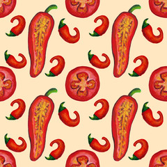 Seamless pattern watercolor illustration, large red tomato cuts with red hot chili peppers on an orange background, postcards illustrations, Wallpaper, texture, design and so on