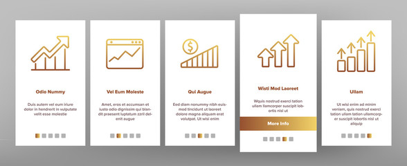 Progress Grow Graphs Onboarding Icons Set Vector. Progress Arrow On Screen Web Site, Magnifier And Dollar Coin Illustrations