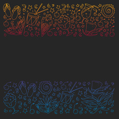 Brazilian vector pattern with palm, beach, firework. Brazil icons for posters and banners.