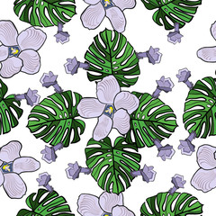 Seamless pattern with flowers and leaves on an isolated background. Vector pattern.