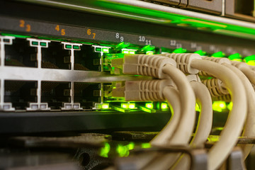 Telecommunication equipment is in the server room of the data center. Many Internet wires are connected to the main router. Gray cables are included in the network interfaces with a green indication.
