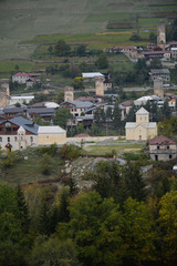 Fototapeta na wymiar Mestia, Georgia - October 2, 2018: View to Mestia from Hatsvali cable car, Svaneti