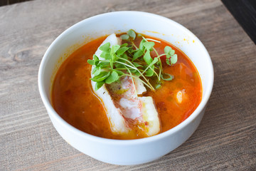 Seafood soup, mediterranean dish, healthy food, white plate