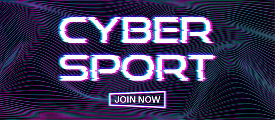 Cyber sport promo banner. Esport ads vector design template with glitch effect on horizontal distorted lines background. Banner concept for video games event, stream © Len_Kha