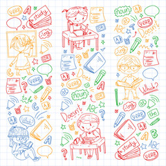 English school for children. Learn language. Education vector illustration. Kids drawing doodle style image.