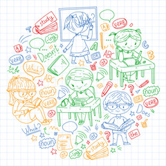 Fototapeta premium English school for children. Learn language. Education vector illustration. Kids drawing doodle style image.