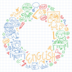 Fototapeta premium English school for children. Learn language. Education vector illustration. Kids drawing doodle style image.
