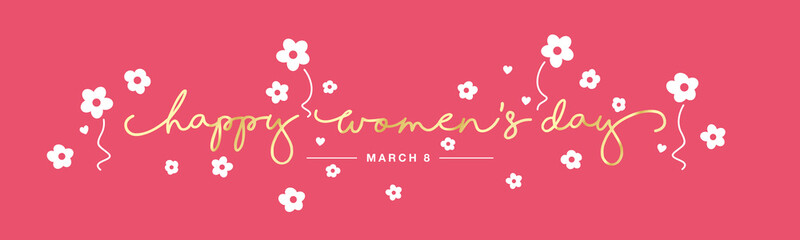 Happy Women's Day gold handwritten typography lettering line design 8 march white flowers pink background banner
