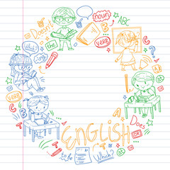 English school for children. Learn language. Education vector illustration. Kids drawing doodle style image.