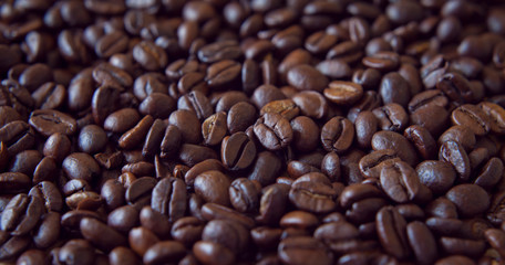 Freshly roasted coffee beans in the grinder on the wooden rustic board.