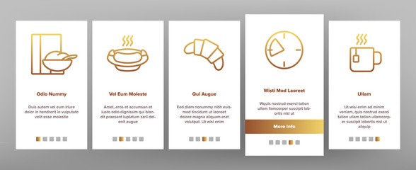 Morning Food And Tools Onboarding Icons Set Vector. Morning Coffee Cup And Breakfast, Douche And Working Place, Sunrise And Clock Illustrations