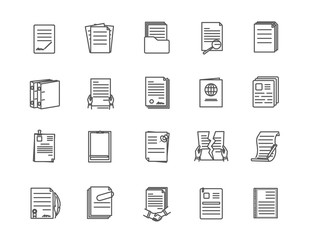 Large set of document icons with different layouts of text and number of pages with one torn through, vector line drawing illustration