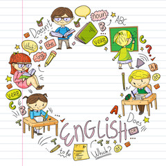 English school for children. Learn language. Education vector illustration. Kids drawing doodle style image.