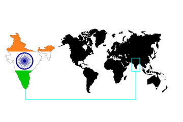 India location on world map with flag. Vector illustration on white background