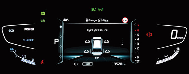 Illustration of TPMS (Tire Pressure Monitoring System) monitoring display on car dashboard panel. Pressure measurement given in bar. Digital screen shows right tyre pressure. Cluster in hybrid vehicle