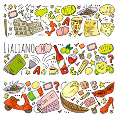 Italian language learning. Vector pattern with icons and national symbols of Italy.