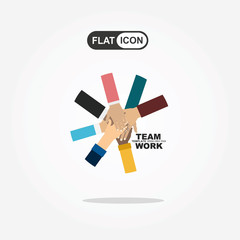 Young people putting their hands together. Friends with stack of hands showing unity and teamwork, top view. Vector flat illustration.