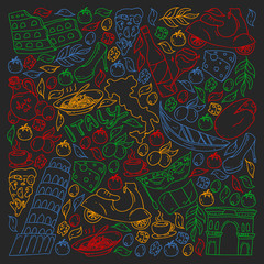Naklejka premium Italy vector elements and icons. Doodle pattern with italian culture, cities Roma, Venice, Milan, cheese, wine.