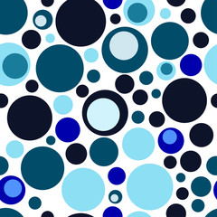 Blue, black and dark blue-gray big round shapes with little elements on white background. Seamless cute geometry pattern.