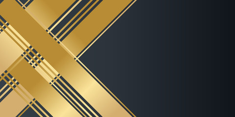  Black background overlap gold and black sheets, modern abstract widescreen background with place for your text or message or presentation slide design.