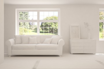 Mock up of stylish room in white color with sofa and green landscape in window. Scandinavian interior design. 3D illustration