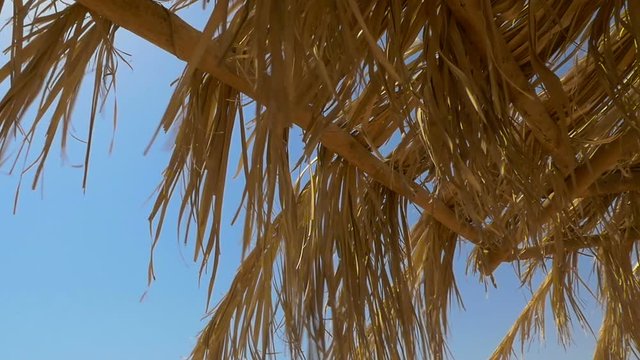 thatched umbrella on the beach. Close-up