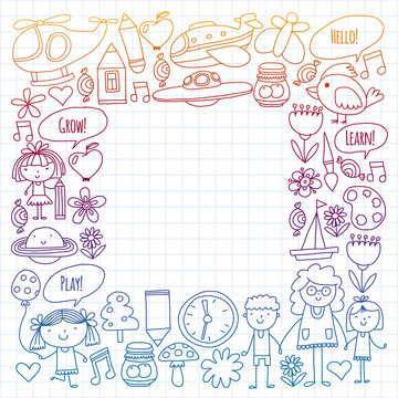 Vector icons and elements. Kindergarten, toys. Little children play, learn, grow together.