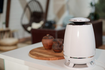 White Humidifier against the background of modern chalet-style apartment.