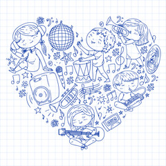 Children play music. Musical education, theatre, school.