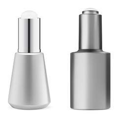 Serum essence bottle. Luxury face product 3d design. Shiny vial mockup with eyedropper for aroma oil, primer or vitamin treatment. Cosmetic mock up advertising