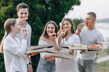 picnic friends with pizza and drinks, sunny day, sunset, company, fun, couples and mom with baby