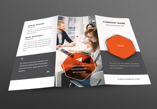 Business Trifold Brochure Layout with Hexagon Elements and Orange Accents
