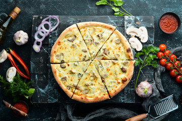 Delicious cheese pizza. Traditional Italian pizza. Top view.
