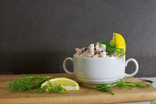 Traditional Swedish and Scandinavian Skagen r&ouml;ra dip made of mayonnaise dill shrimp and red onion. 