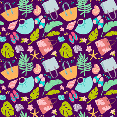 Summer beach vacation elements seamless pattern. Lifebuoys, swimwears, slippers, beach bags and tropical decoration.