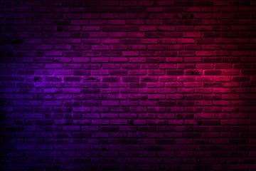 Fototapeta na wymiar Neon light on brick walls that are not plastered background and texture. Lighting effect red and blue neon background of empty brick basement wall.