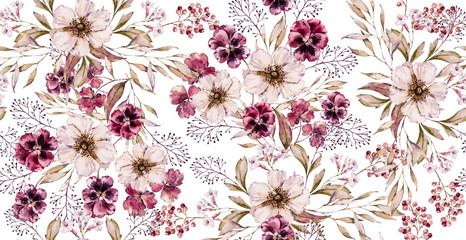 Watercolor floral vintage seamless pattern on luxury white print. hand painted watercolour floral pattern. Floral bouquet Watercolor handpainted illustration. Seamless purple flower victorian pattern
