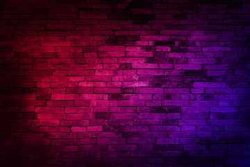 Naklejka na ściany i meble Neon light on brick walls that are not plastered background and texture. Lighting effect red and blue neon background of empty brick basement wall.