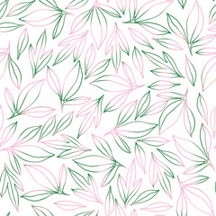 Seamless pattern with pink-green peony leaves. Hand drawin illustration. For scrapbooking, packaging, fabrics