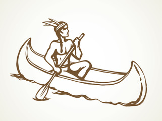 Native American in a canoe. Vector drawing