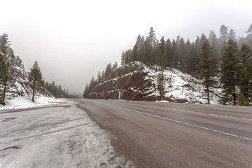 Snow covered mountain pass covered in trees and thick fog on gloomy day