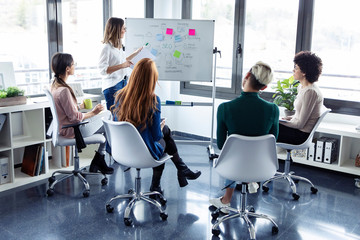 Businesswomen during meeting at a flipchart, presenting ideas for a search engine optimisation