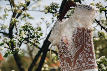 Wedding dress hanging in tree