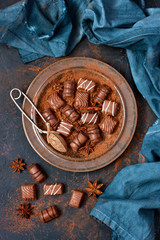 Tasty sweet chocolate candies, flat lay.  Gourmet food, delicious dessert