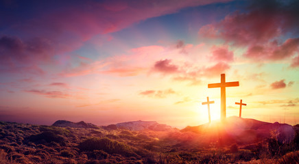 Crucifixion Of Jesus Christ  - Three Crosses On Hill At Sunset - obrazy, fototapety, plakaty