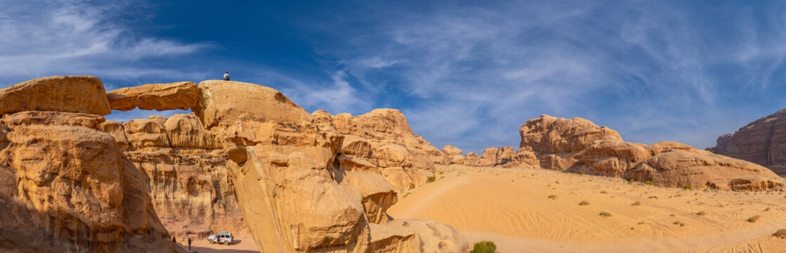 Panoramic aerial view of Um Fruth Rock Bridge, Wadi Rum Desert, Jordan