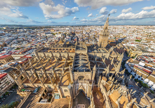 Aerial view of the Cathedral of Saint Mary of the See, Seville, Spain