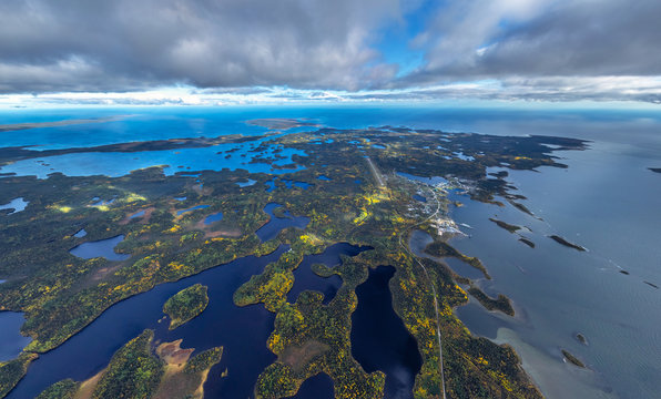 Aerial view of Solovetsky Islands in cloudy day, Russia
